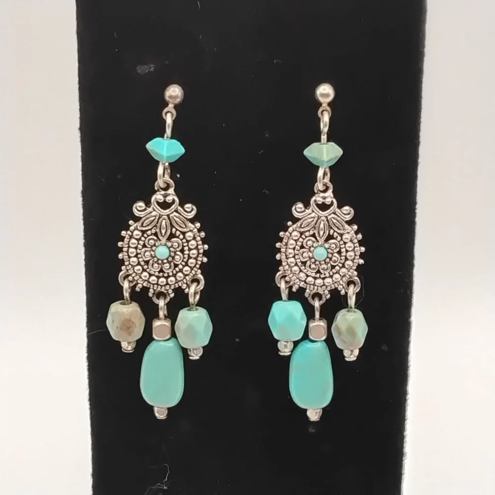 VTG Stamped Nancy & Rise for Avon Turquoise & Silver-tone Chandelier Earrings - Picture 5 of 5